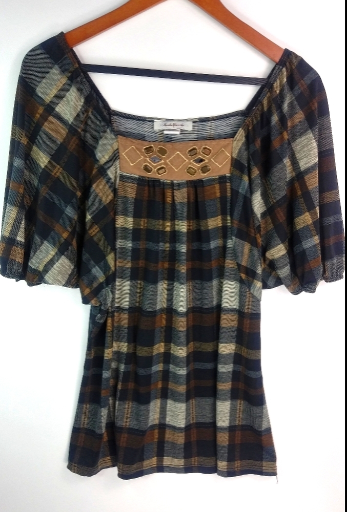 SushiFlower M Tan Black Plaid Boho Top